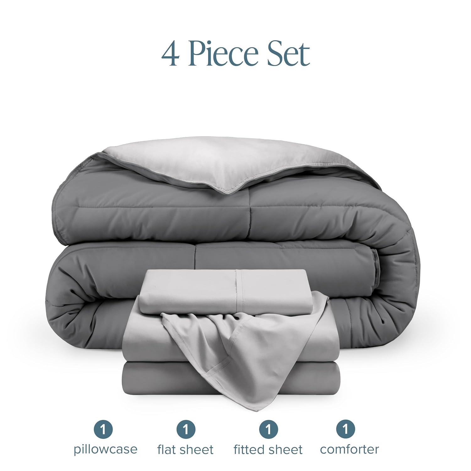 Bare Home 4-Piece Reversible Bed-in-a-Bag - Premium 1800 Collection - Twin XL, Light Gray/Gray Comforter with Gray Sheet Set