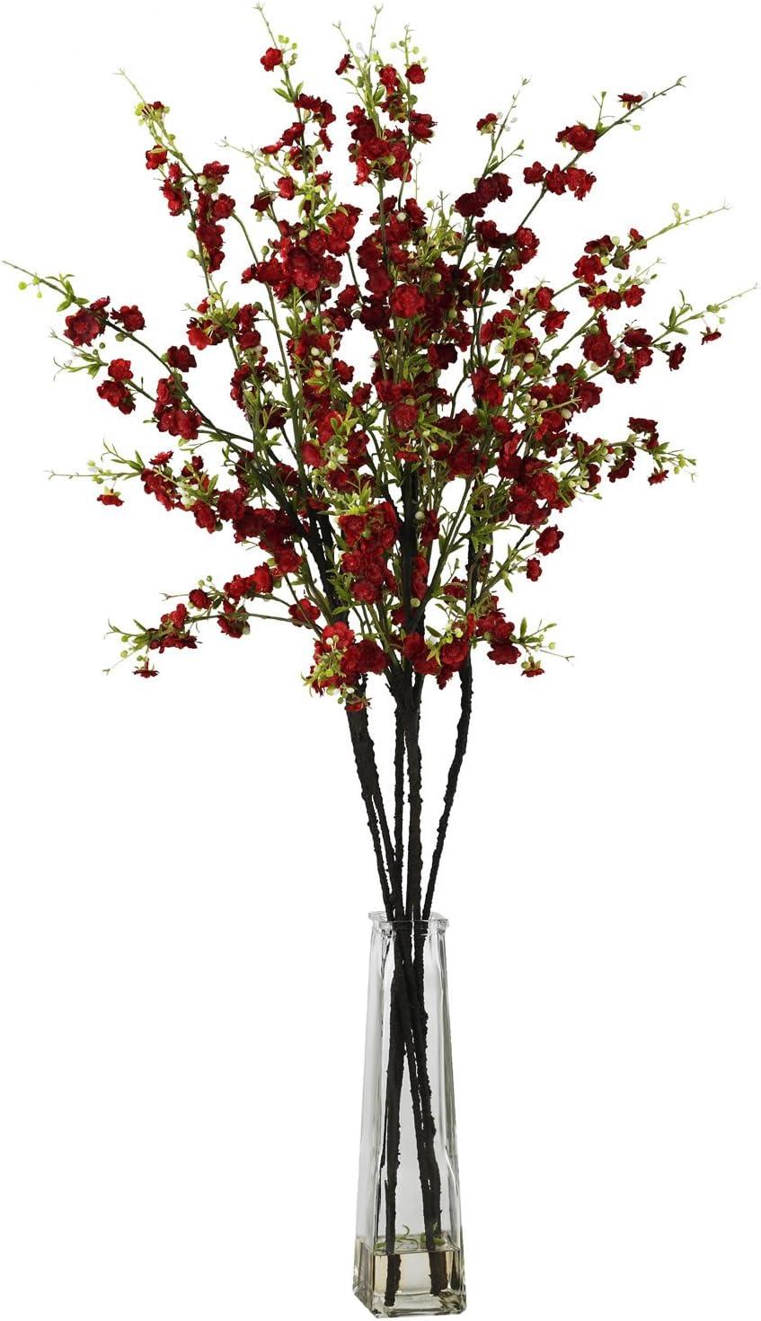 Nearly Natural Cherry Blossoms with Vase Silk Flower Arrangement, Red