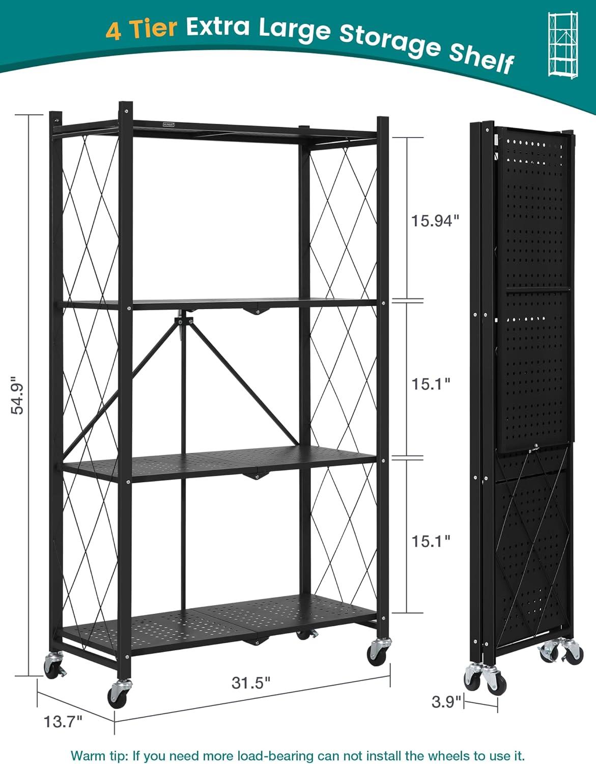 3-Tier Storage Shelves with Wheels, Folding Bookshelf No Assembly, Metal Display Shelf for Balcony, Kitchen, Basement, Pantry, White