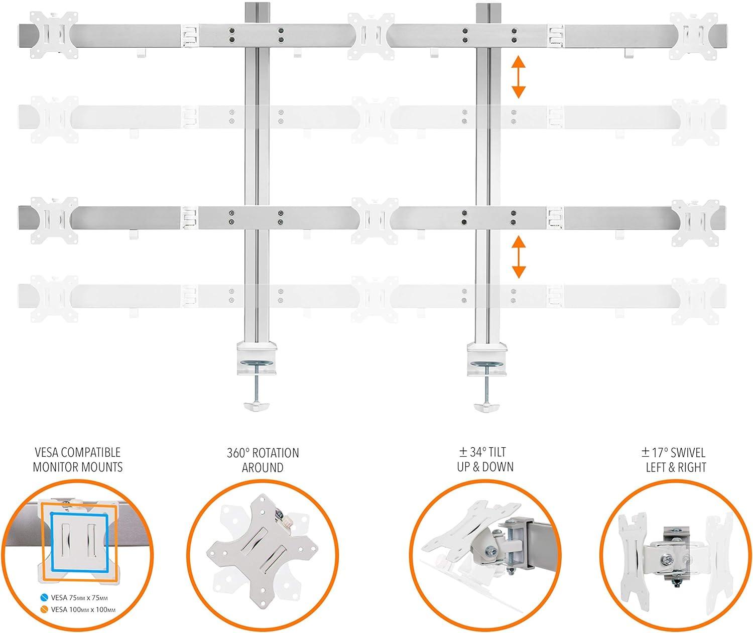 Six Monitor Mount – Clamp-On Monitor Arm with 6 Adjustable VESA Mounts – Silver – Stand Steady