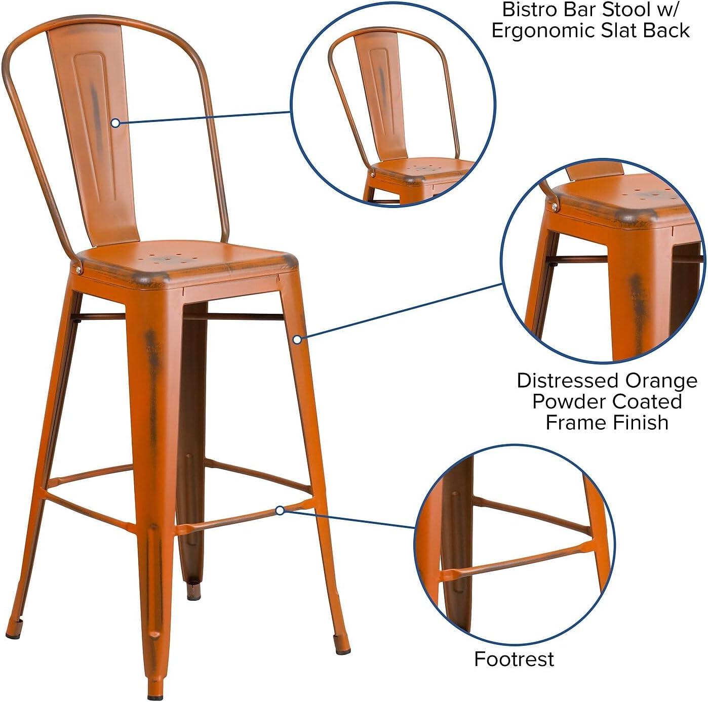 Flash Furniture Commercial Grade 30" High Distressed Orange Metal Indoor-Outdoor Barstool with Back