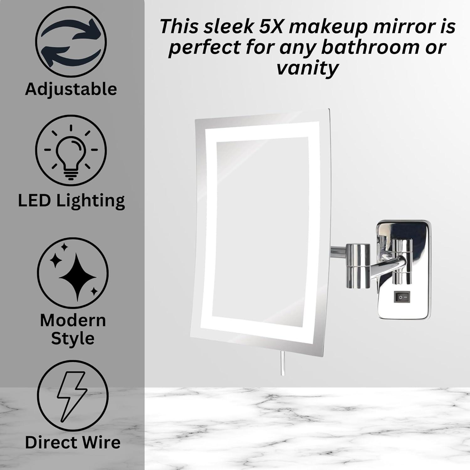 Jerdon Rectangular Wall Mount Lighted Makeup Mirror, 5X, Chrome Finish, Direct Wire-Model JRT710CLD