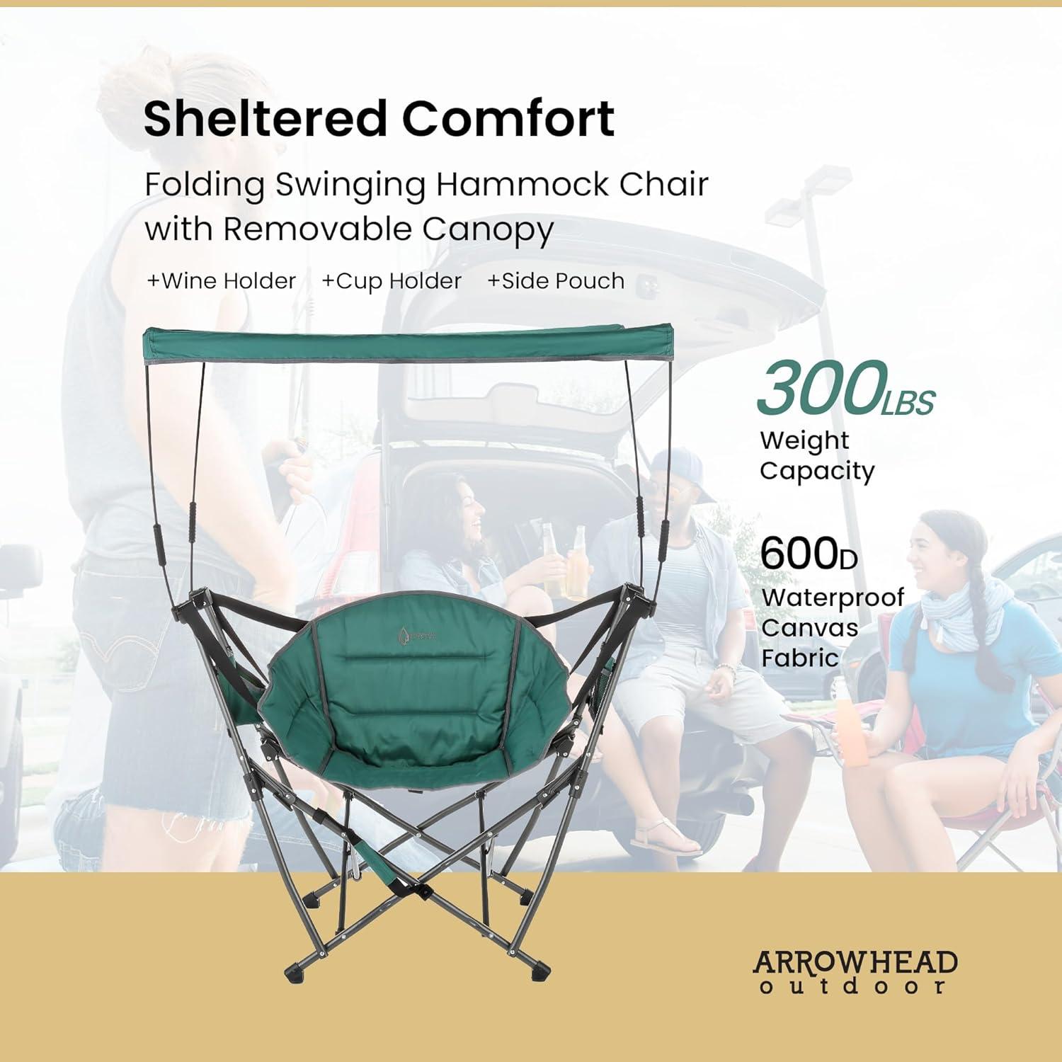 ARROWHEAD OUTDOOR Folding Swinging Hammock Camping Chair, w/ Canopy, Cup Holder, Storage Pouch, Carrying Bag, Green