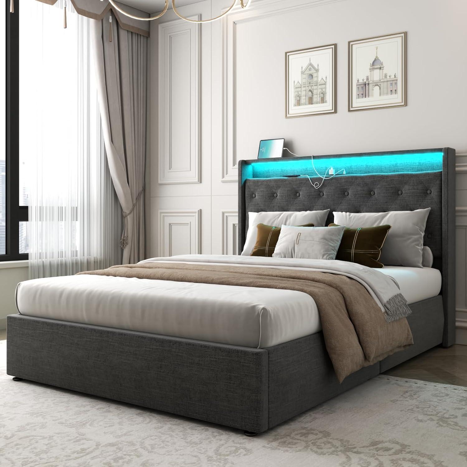 Dark Gray Full Upholstered Lift-Up Bed with LED and Charging Station