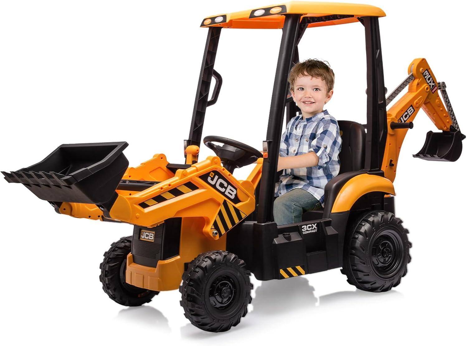 iRerts 4 In 1 Excavator Ride On Toy with Remote Control for Boys, 12V Electric Construction Excavator Tractor Ride On Toy Car w/Front Loader, Digging Bucket, Digger, Ceiling  for Kids 3-6, Yellow