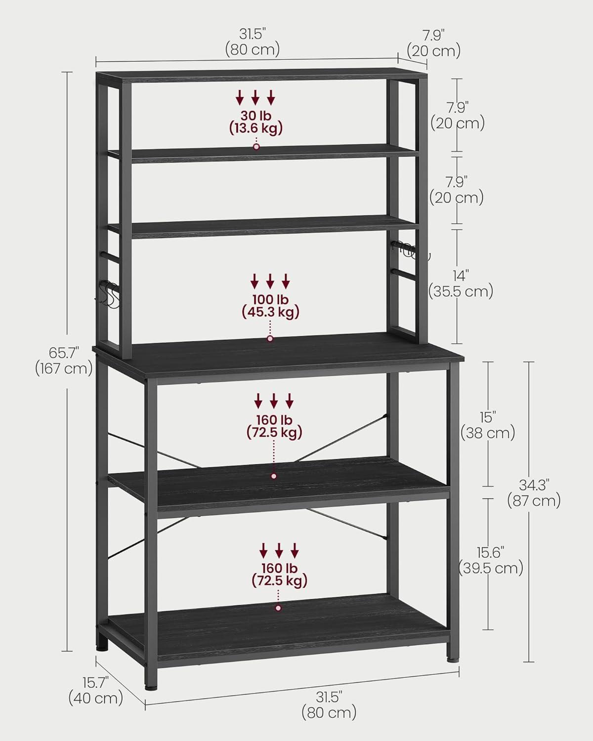 31.5 Inches Coffee Bar Baker's Rack for Kitchen with Storage, 6-Tier Shelves with 6 Hooks, Microwave Stand, Industrial Style, Charcoal Gray and Black UKKS019B22