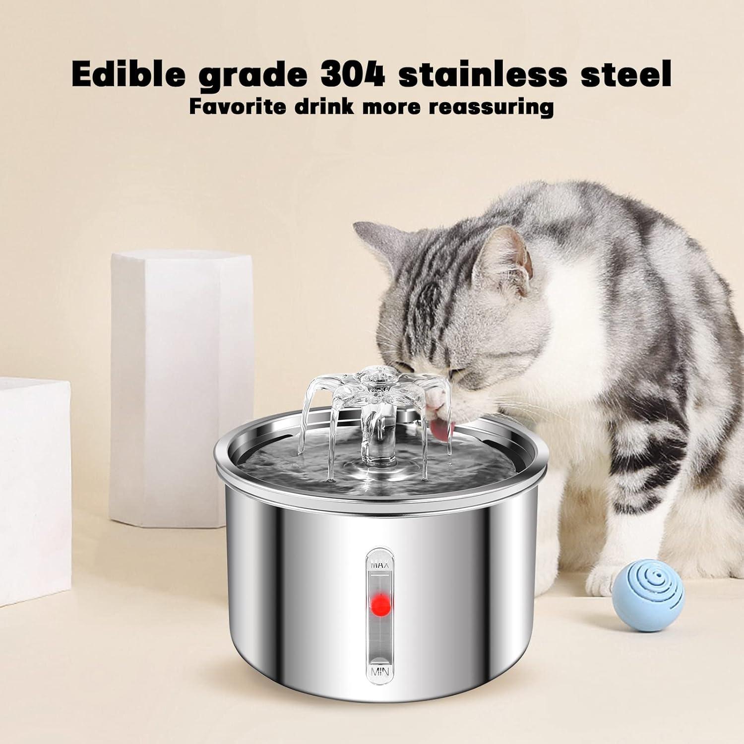 Cat Water Fountain Stainless Steel, 67oz/2L Dog Water Dispenser, Automatic Pet Water Fountain with Ultra Quiet Pump and Water Level Window for Cats,Dogs,Multiple Pets