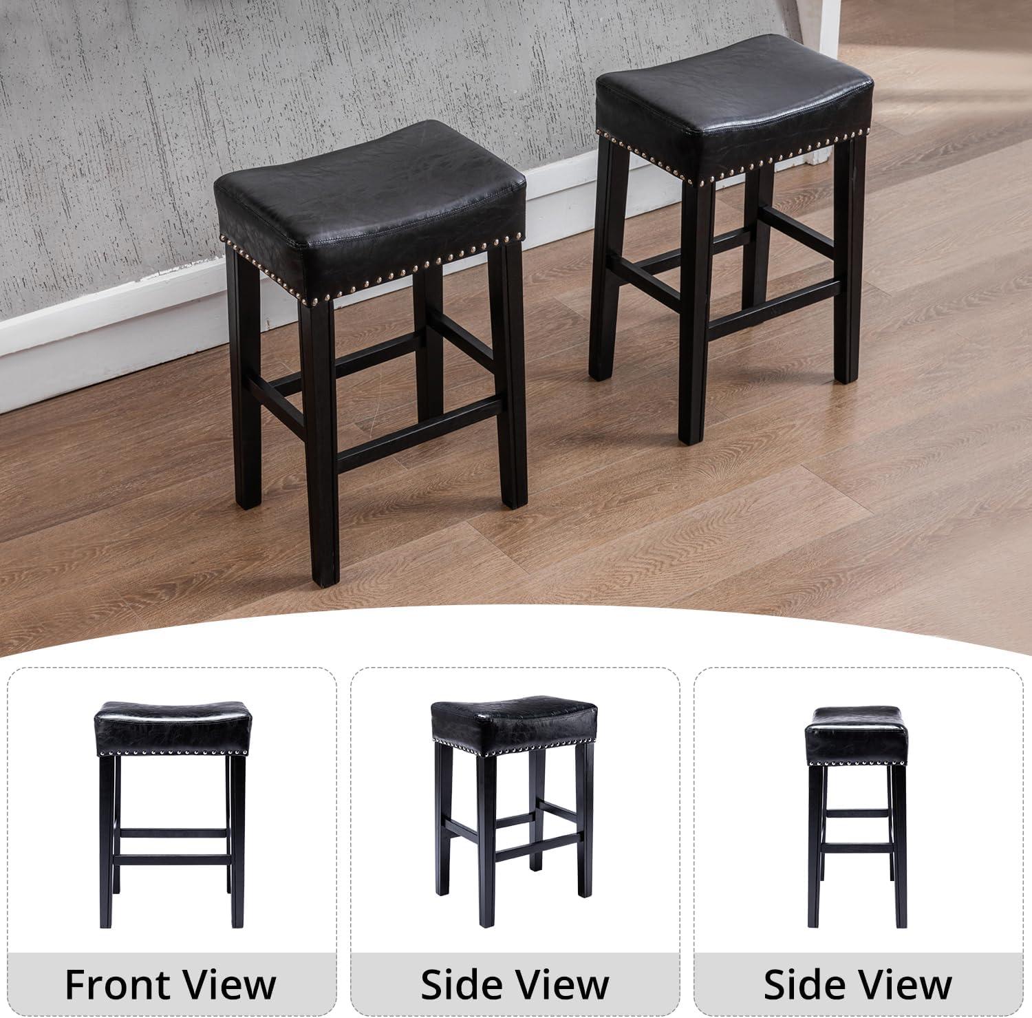 Lecut 26 Inch Wood Saddle Seat Barstool Set of 2 PU Leather Kitchen Counter Stools Nailhead Wood Pub-Height Saddle Stool Black
