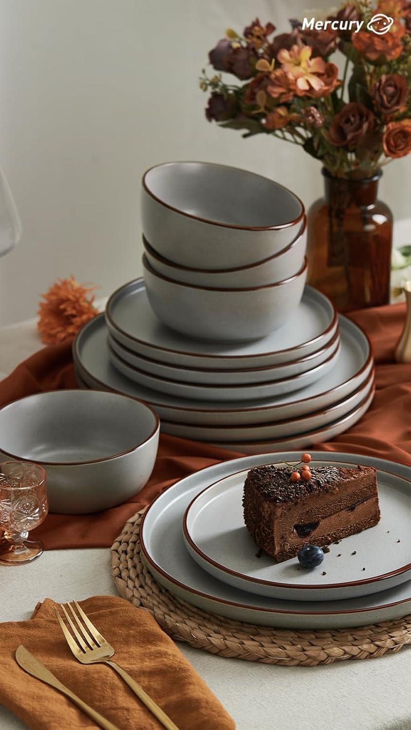 Famiware Mercury Plates and Bowls Sets, 12 Pieces Stoneware Dinnerware Sets, Dishes Set for 4, Microwave and Dishwasher Safe, Dark Grey