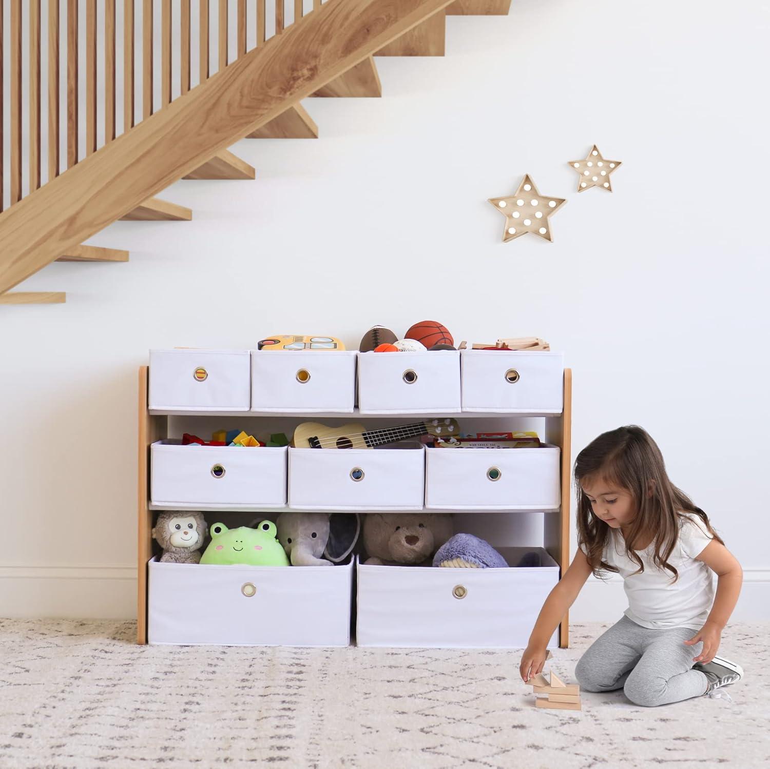 Natural Wood and White 3-Tier Toy Storage Organizer with 9 Fabric Bins