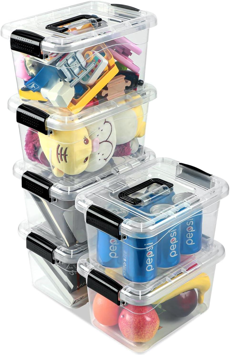 Plastic Storage Bins 7 Quart-Storage Organizer Bins with Black Buckle Lids, Stackable Storage Bins with Lids for Home Office Kids Room Closet School Art Supplies Organization,6 Packs, Clear