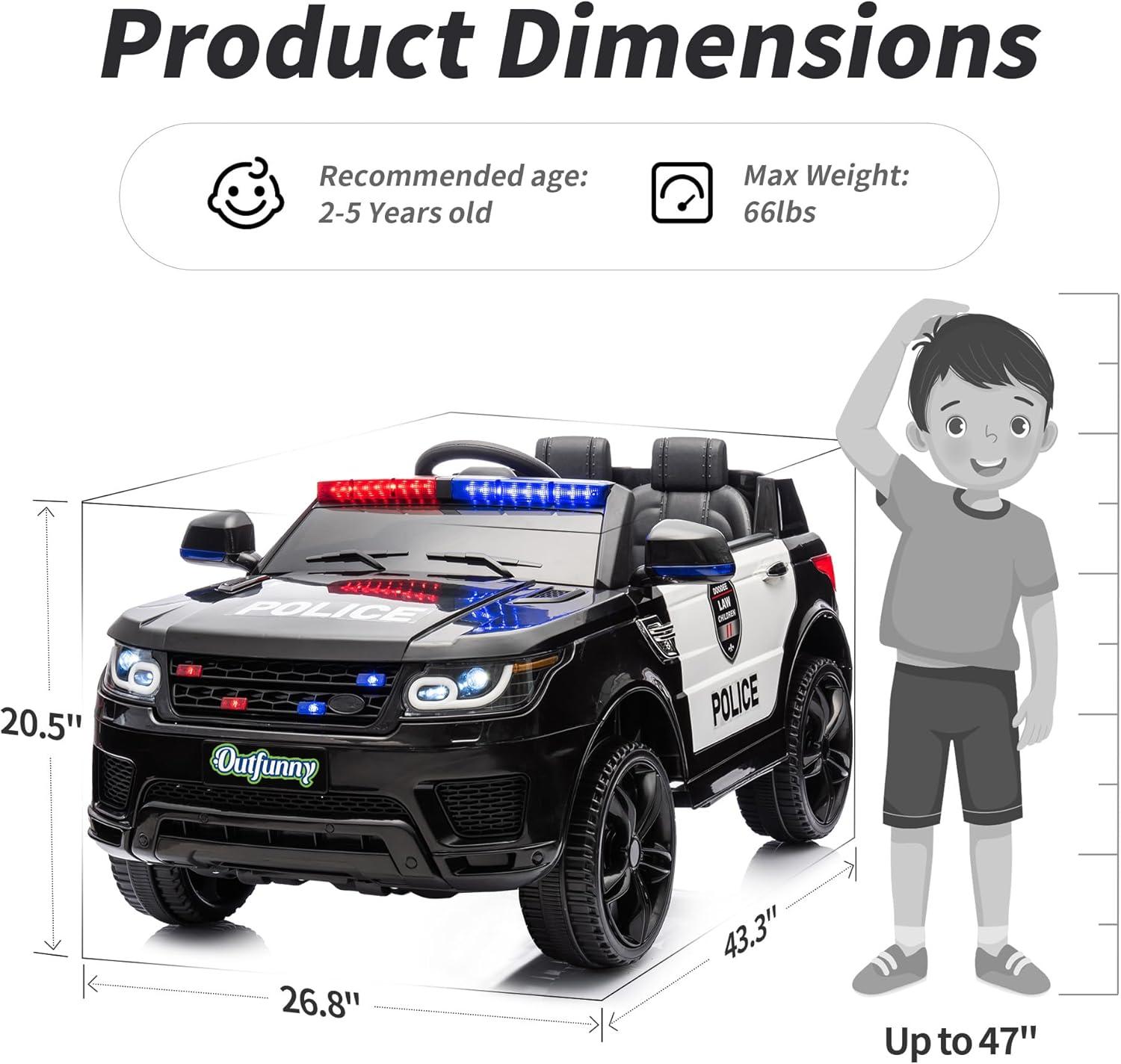 Outfunny Electric Police Car for Kids, 12 Volt Kids Ride on Toy Car with Remote Control, Bluetooth, Megaphone