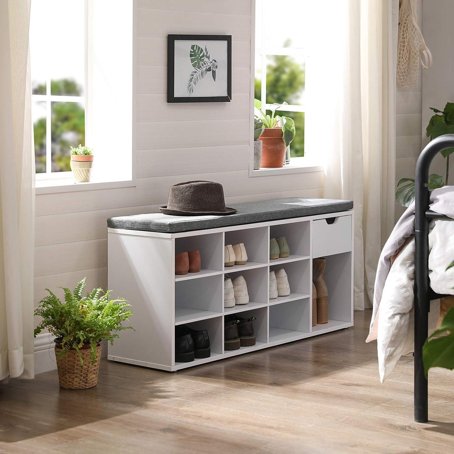 VASAGLE Storage Bench Entryway Bench with Cushion Drawer and Open Compartments Bench with Storage for Living Room White