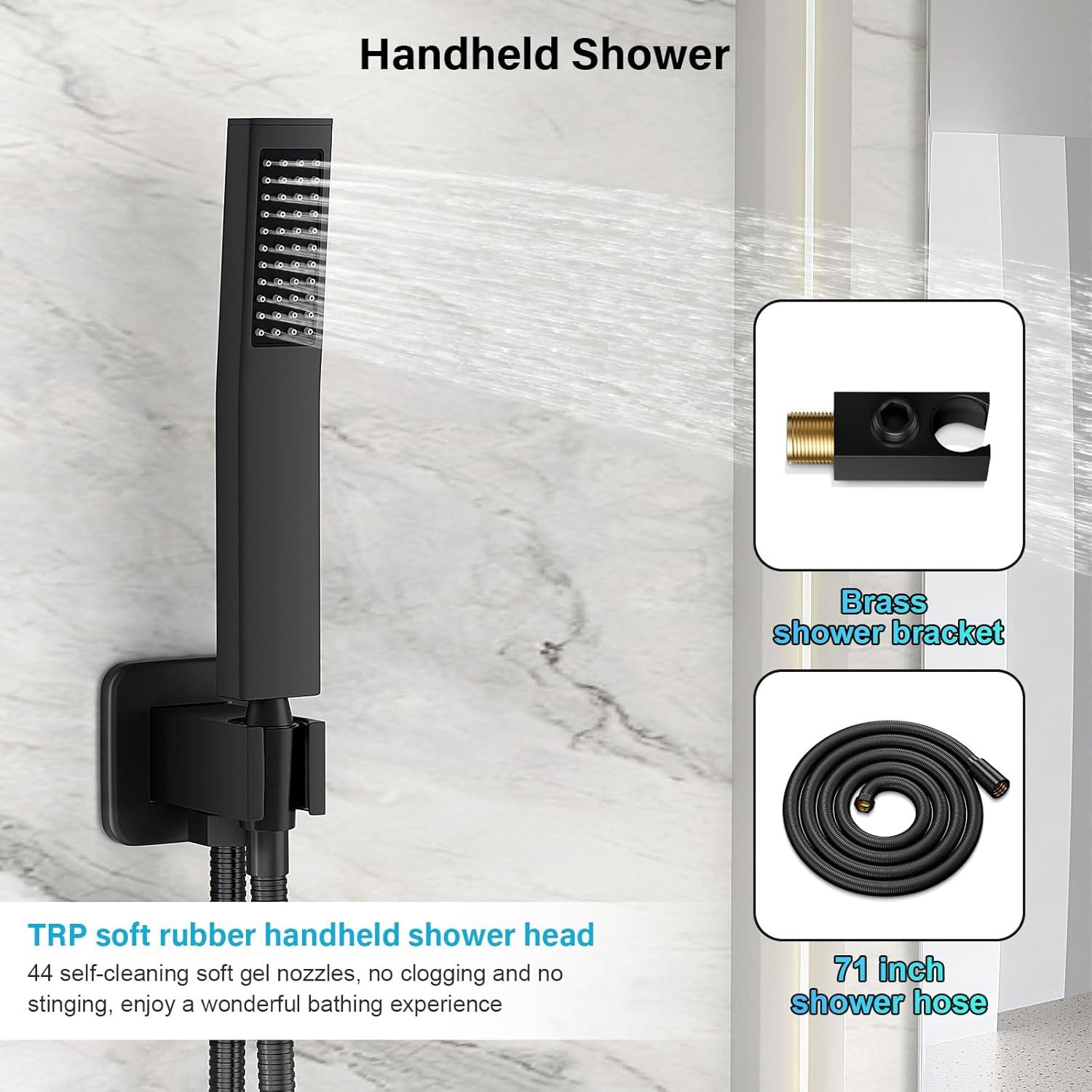 Black Shower Faucet Set, Rainfall Shower System with Square Shower Head and Handle Set, Wall Mounted Shower Fixtures, Full Metal Trim Repair Kit 10 inch Matte Black (With Shower Valve)