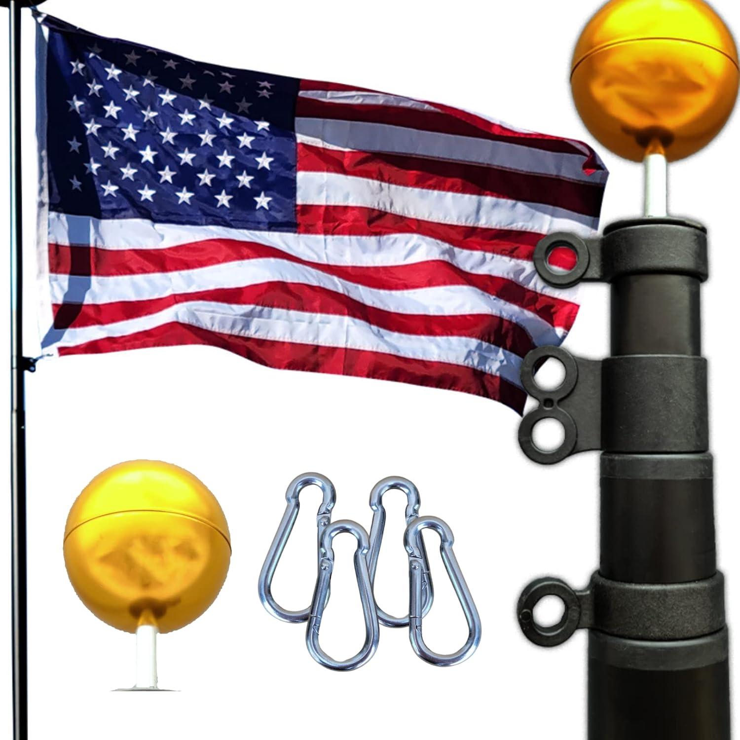 25FT Black Telescoping Flagpole Kit with Gold Ball Finial