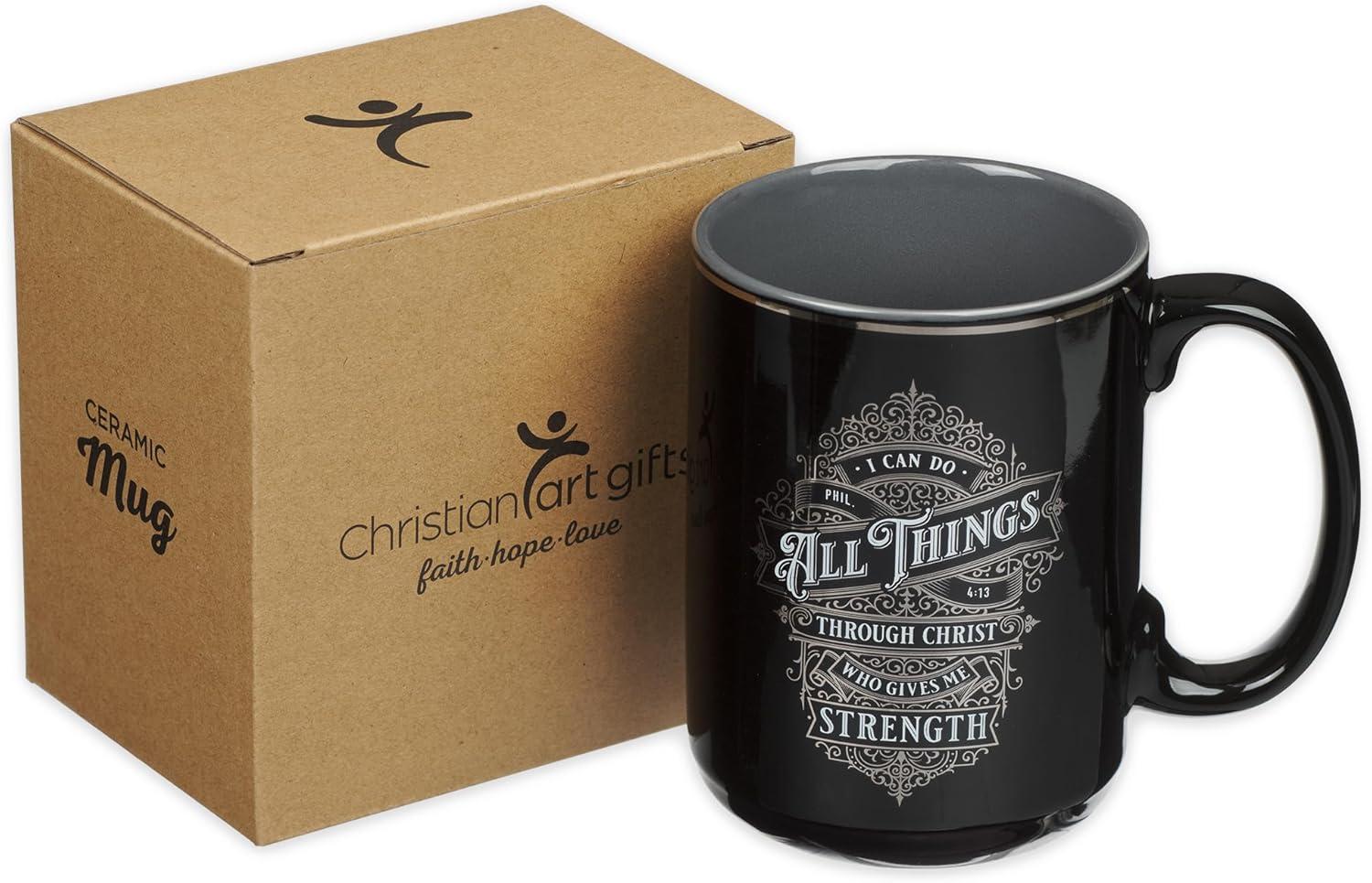 Christian Art Gifts Large Ceramic Bible Verse Coffee & Tea Mug for Men: I Can Do All Things - Phil. 4:13 Inspirational Scripture, Non-toxic & Lead-free Novelty Drinkware, Black/Gray/Silver, 14 oz.