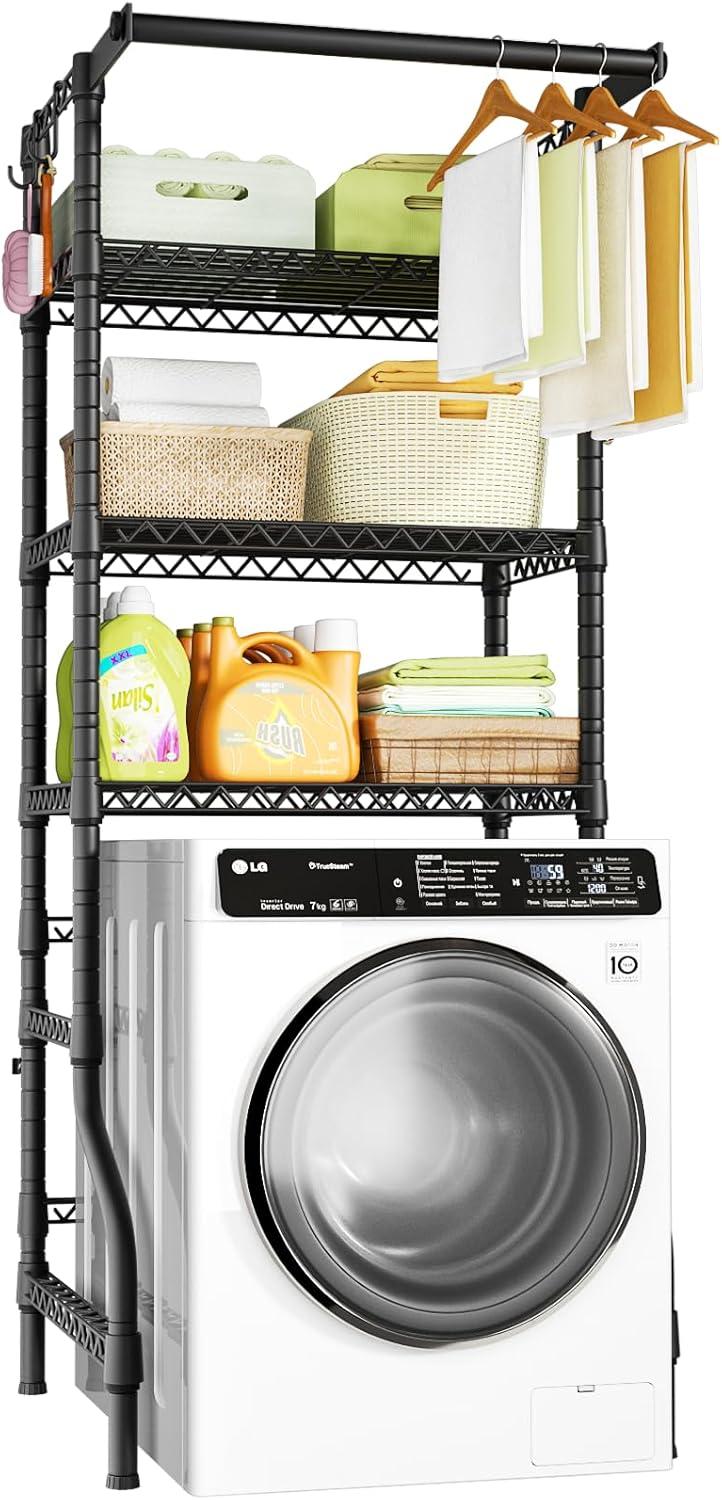 Mini Over Washer and Dryer Shelves, 3 Tiers Laundry Room Storage and Organizer Standing Shelf, Metal Freestanding Clothes Drying Rack, 28.3”W x 19.7”D x 77.6”H, Black