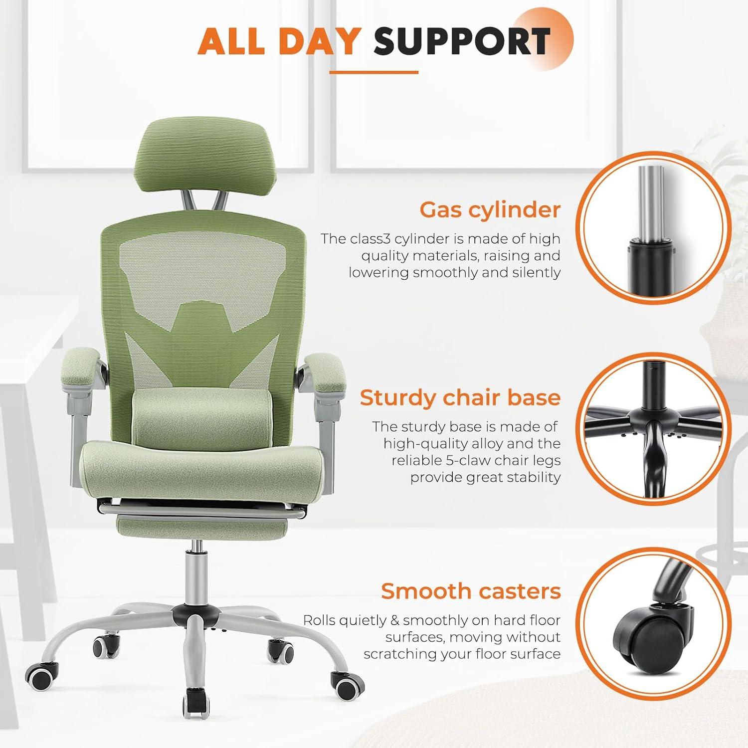 Green High-Back Mesh Swivel Office Chair with Footrest