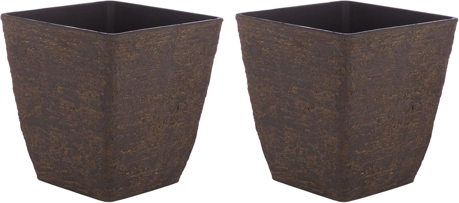 Contemporary Square Stone-Look Planters, Textured Brown, Set of 2