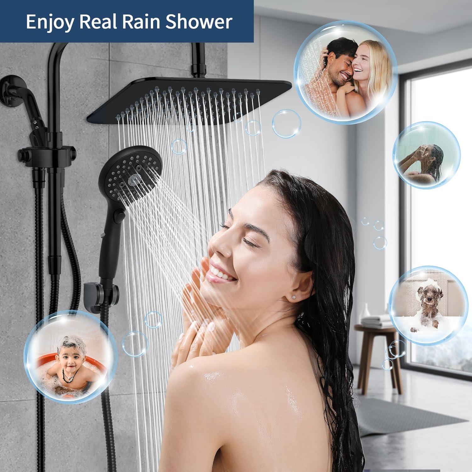 8" Dual Shower Head Combo, Rainfall Shower Head with Handheld, 6 Spray Settings Angle Adjustable Handheld Shower Head with Pause, Height Adjustable, Matte Black