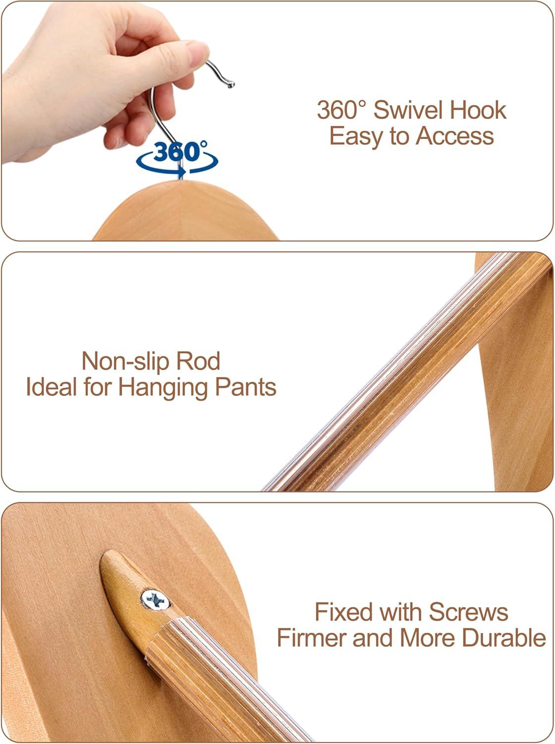 TOPIA HANGER Wide Shoulder Wooden Hangers, Suit Hangers with Non Slip Pants Bar & 360° Swivel Hook, Solid Wood Heavy Duty Coat Hanger, 6 Pack (Natural)-CT02NA