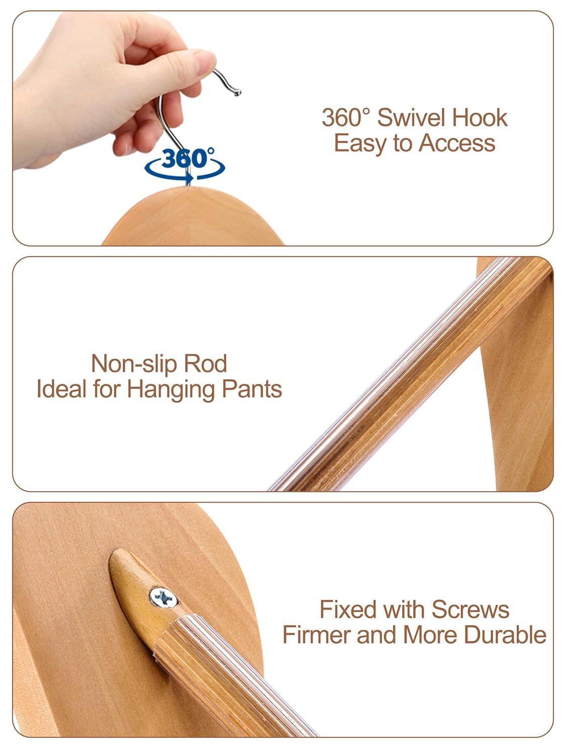 TOPIA HANGER Wide Shoulder Wooden Hangers, Suit Hangers with Non Slip Pants Bar & 360° Swivel Hook, Solid Wood Heavy Duty Coat Hanger, 6 Pack (Natural)-CT02NA