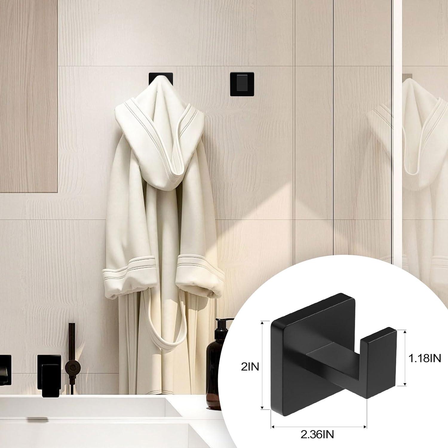 5 Pieces Square Matte Black Stainless Steel Bathroom Accessories Set Include 23.6 in Towel Bar, Toilet Paper Holder, Towel Ring, 2 Robe Towel Hooks