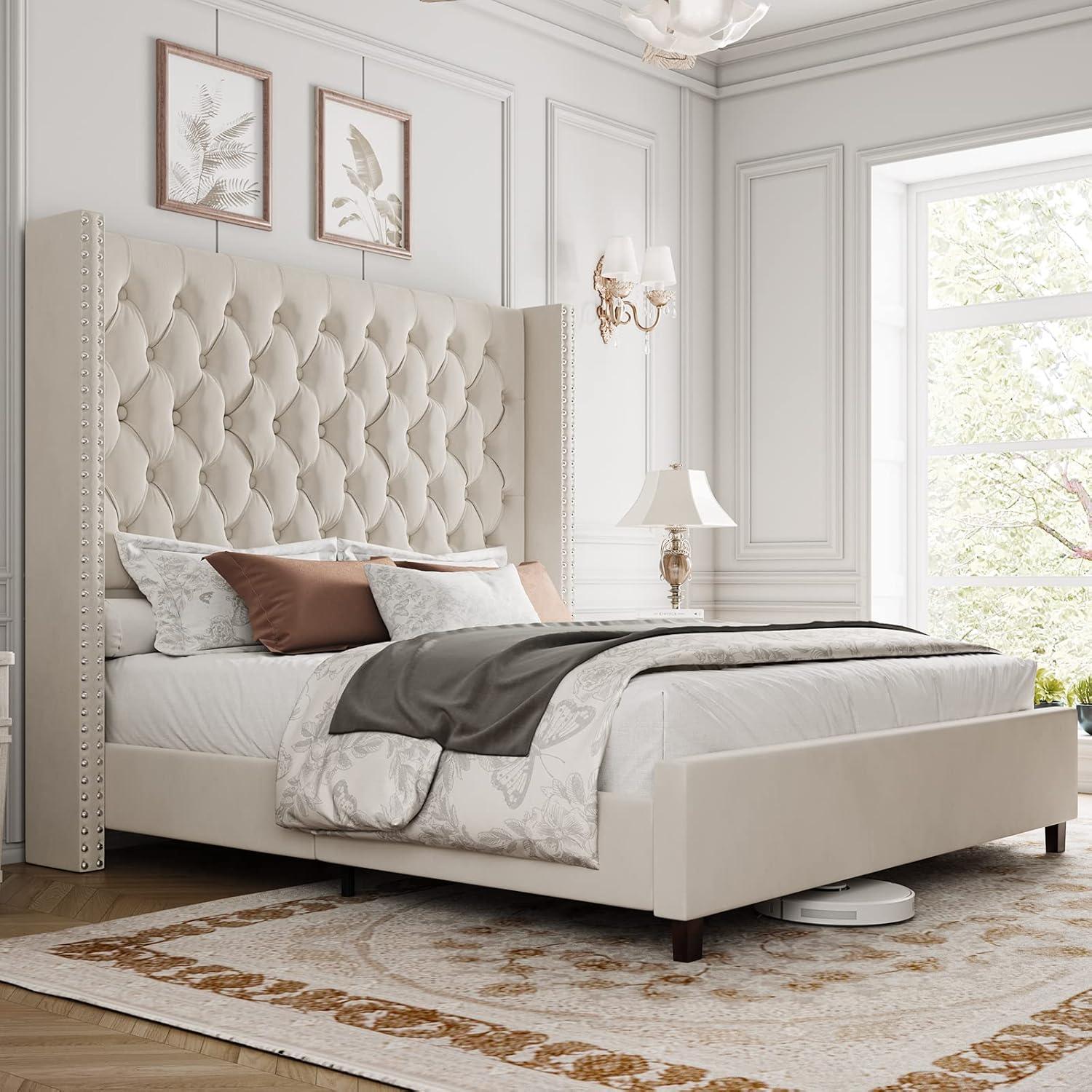 Cream Velvet Queen Bed Frame with Tufted Upholstered Headboard