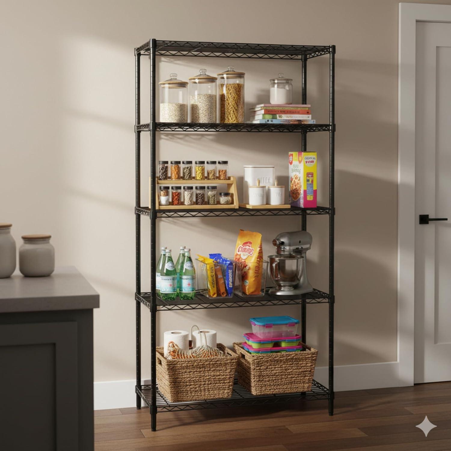 Honey-Can-Do 5-Shelf Steel Adjustable Storage Shelves, Black, Holds up to 350 lb per Shelf
