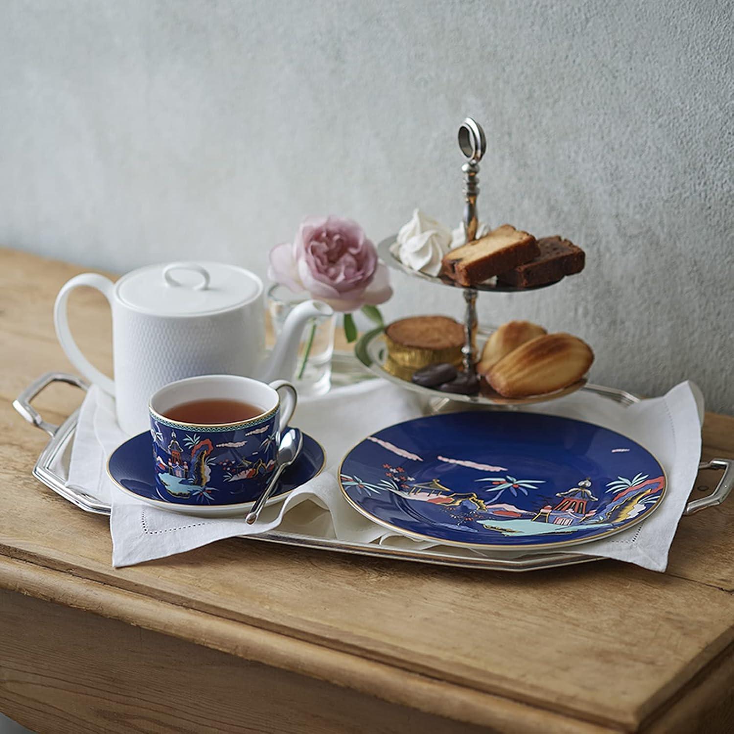 Blue Pagoda Ceramic Teacup and Saucer Set with Gold Trim