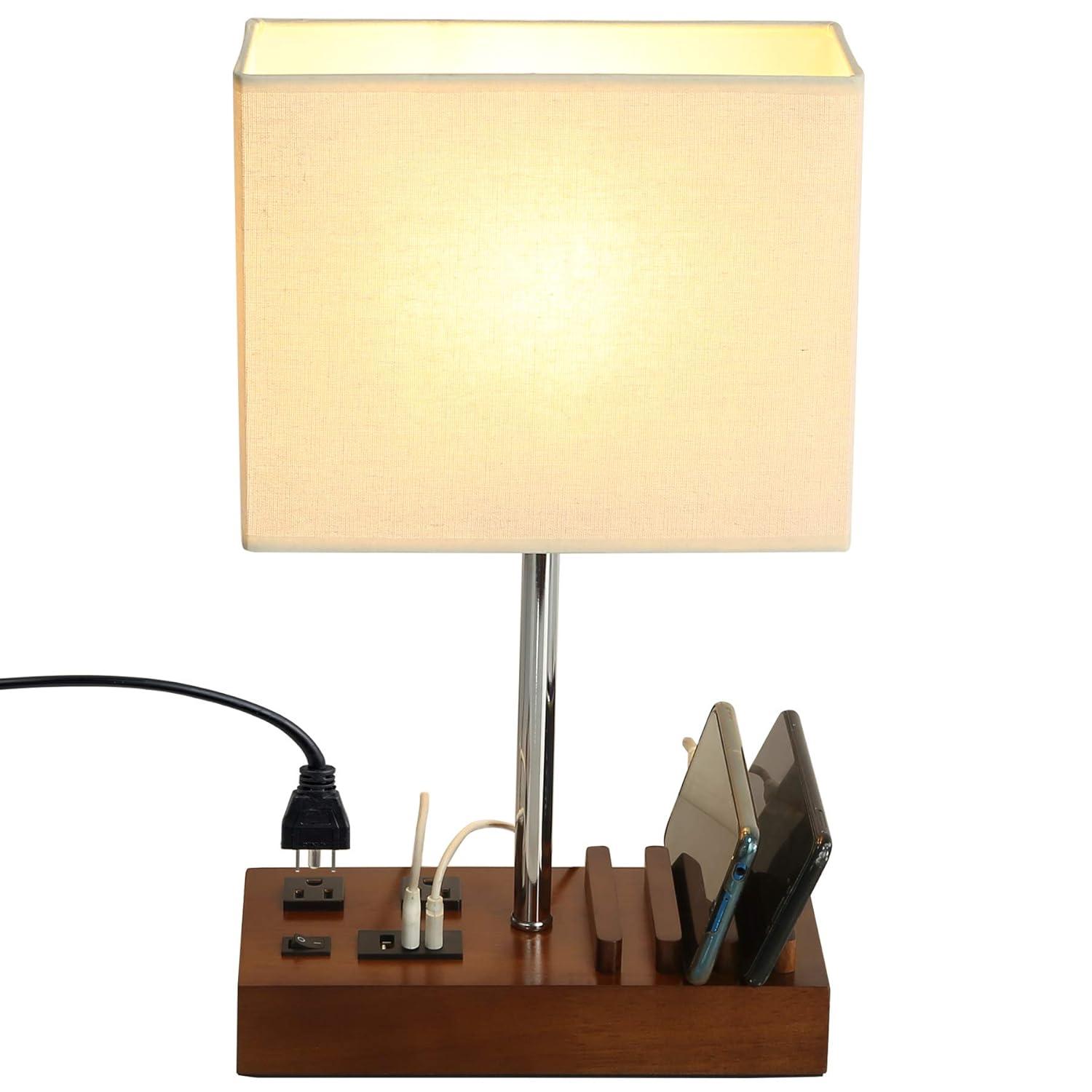 Briever USB Table Lamp, Multi-Functional Bedside Desk Lamp with 2 AC Outlets, 3 USB Charging Ports and Wooden Phone Stands, Modern Nightstand Lamp for Bedroom, Guest Room, Office