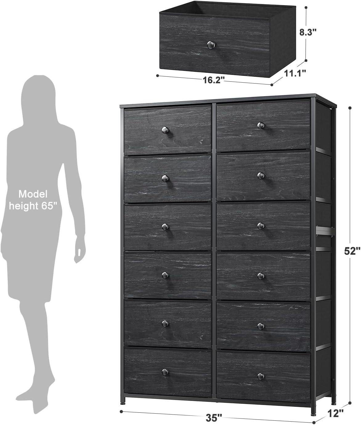 U-SHARE Dresser for Bedroom with 12 Drawers, Tall Dressers for Bedroom Black Dressers & Chests of Drawers for Closet, Living Room, Wood Top, Metal Frame Black