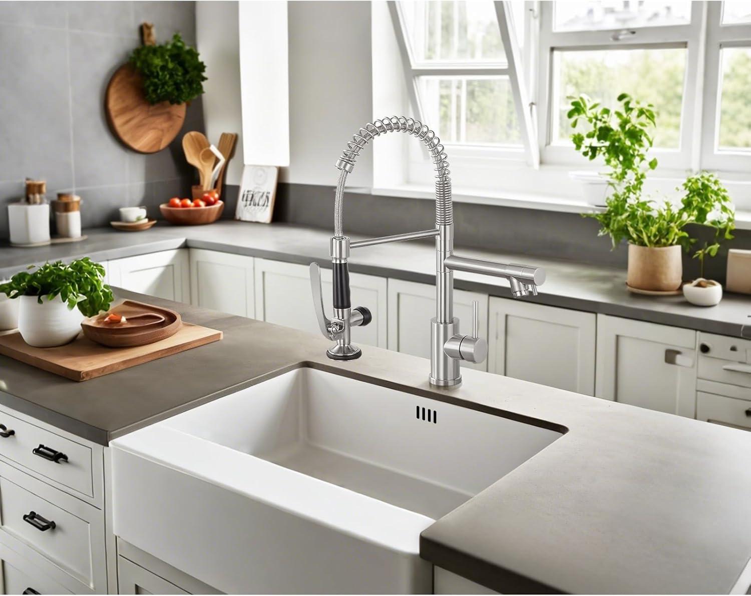 Commercial Kitchen Faucet with Pull Down Sprayer, Stainless Steel Kitchen Sink Faucet, Single Handle Spring Kitchen Faucets (Brush Nickle)