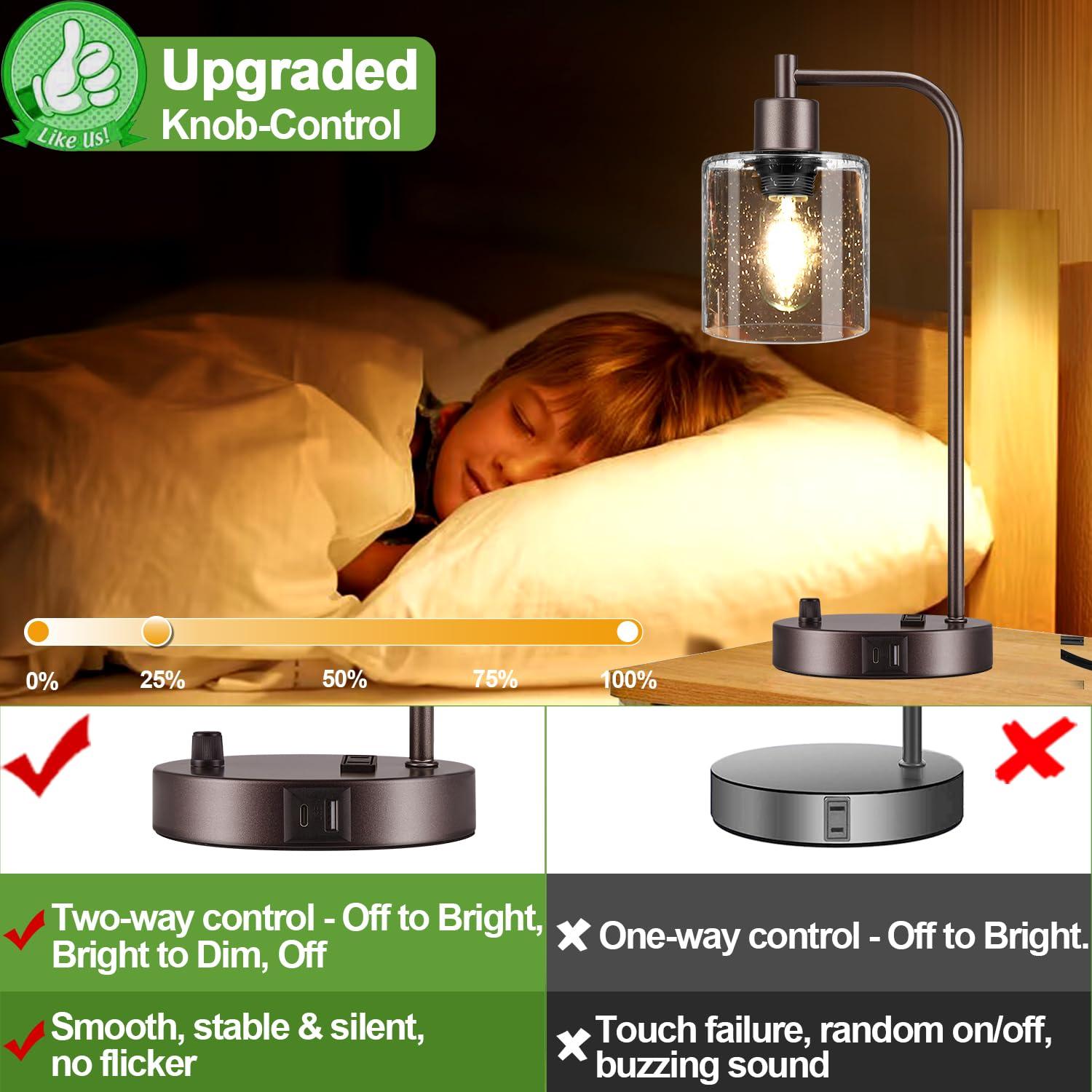【Upgraded】Set of 2 Industrial Table Lamps with 2 USB Port, Fully Stepless Dimmable Bedside Lamps for Bedroom, Nightstand Desk Lamps with Glass Shade for Bedroom Living Room Office 2 LED Bulb Included