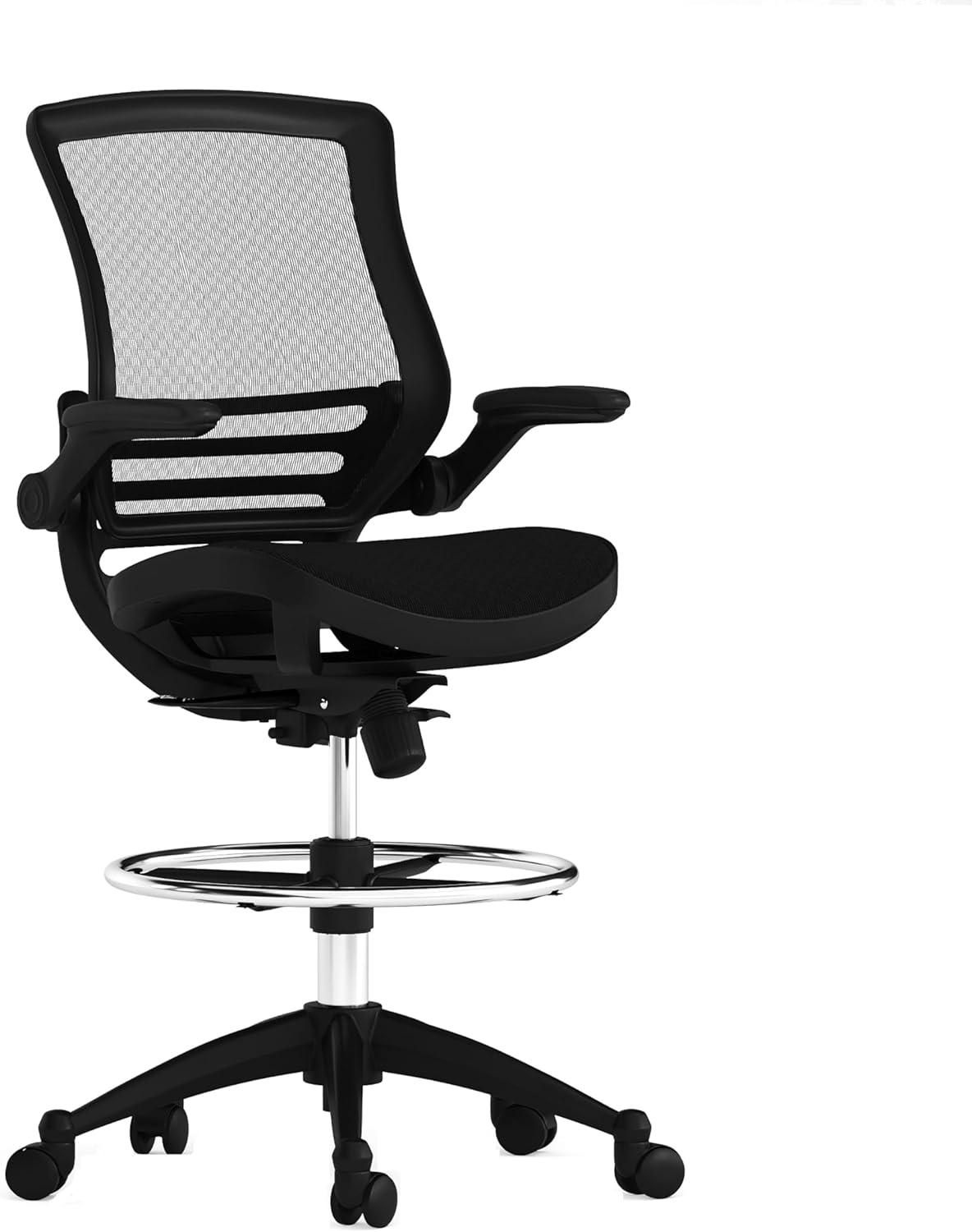 Flash Furniture Waylon Mid-Back Transparent Black Mesh Drafting Chair with Black Frame and Flip-Up Arms