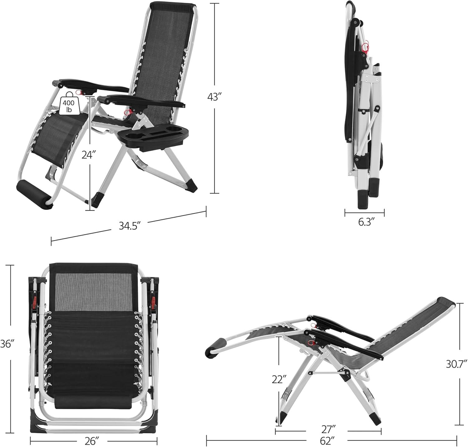 Yaheetech Zero Gravity Chair, Folding Reclining Lounge Recliner with Removable Pad & Headrest & Side Cup Holder Tray for Indoor and Outdoor Gray/2