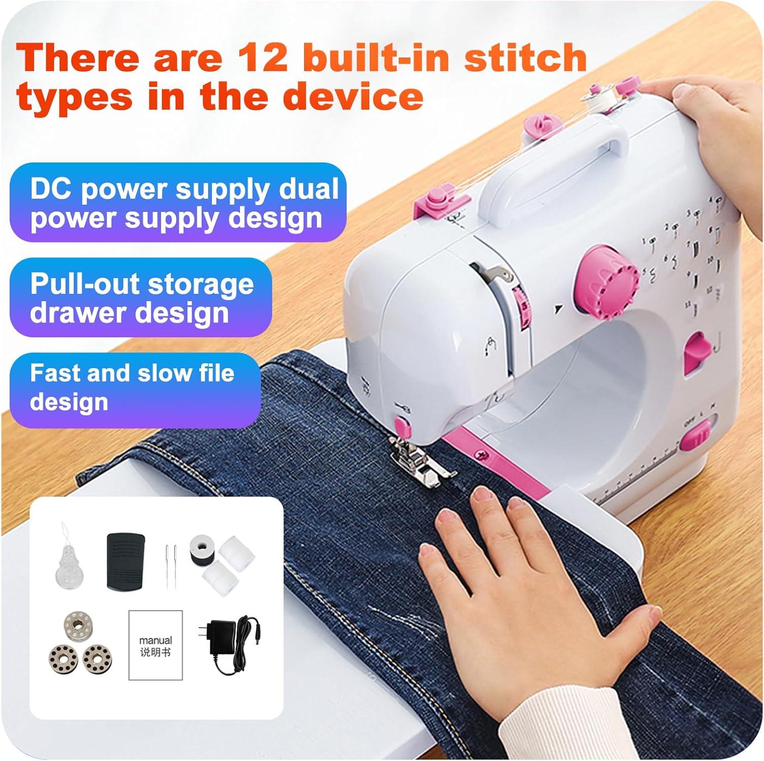 VIFERR Portable Sewing Machine, Mini Handheld Electric Sewing Machines 12 Stitches for Beginners Kids - Pink