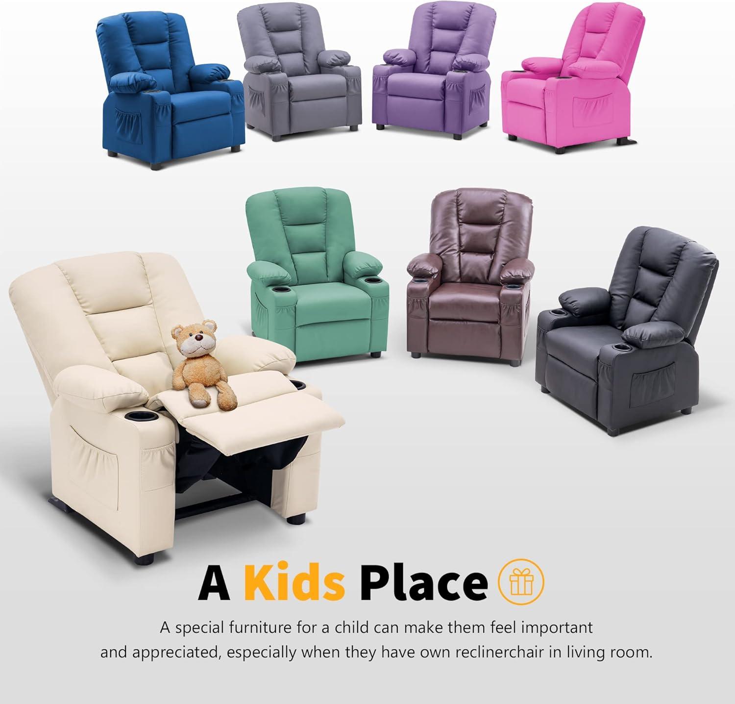 MCombo Big Kids Recliner Chair with Cup Holders for Toddler Boys and Girls, 2 Side Pockets, 3+ Age Group, Faux Leather 7322 Violet