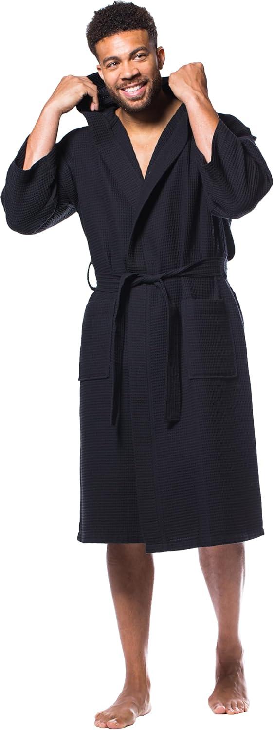 Turquaz Linen Lightweight Long Waffle Kimono Unisex Spa Robe (One Size, Black)