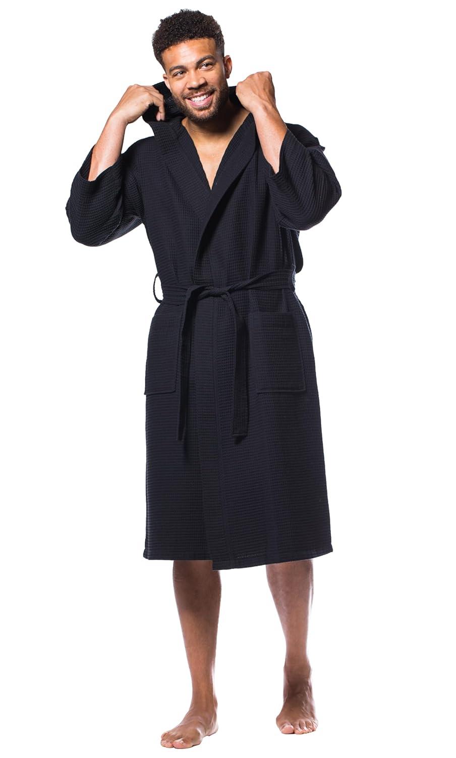 Turquaz Linen Lightweight Long Waffle Kimono Unisex Spa Robe (One Size, Black)