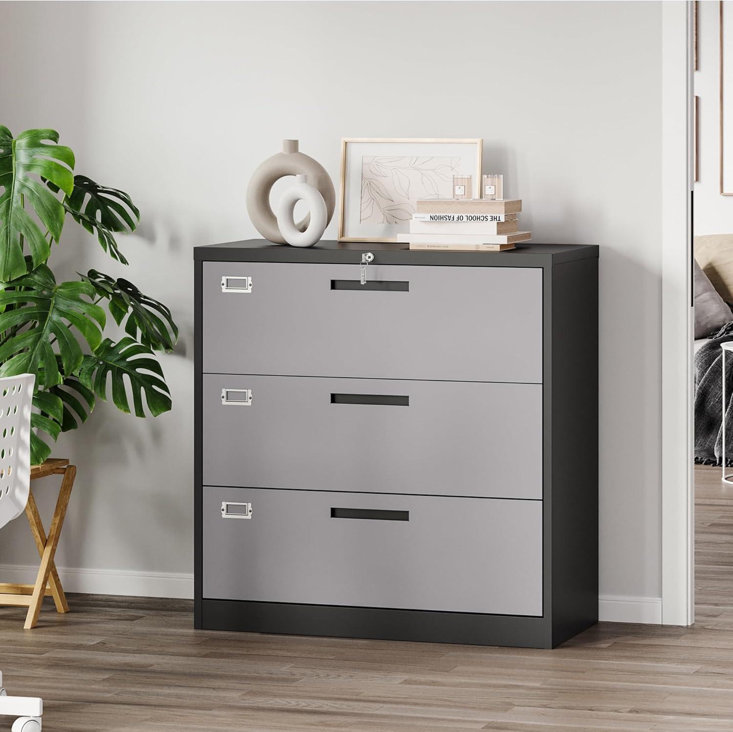 Letaya File Cabinet with Lock-Lateral 3 Drawer Metal Filing Cabinets-Organization Storage for Home Office-Hanging Letter/Legal/F4/A4 Size (Grey Black)