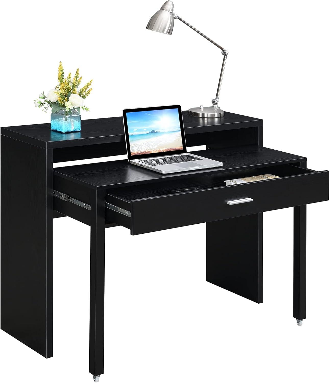 Newport JB Console or Sliding Desk with Drawer and Riser, Black