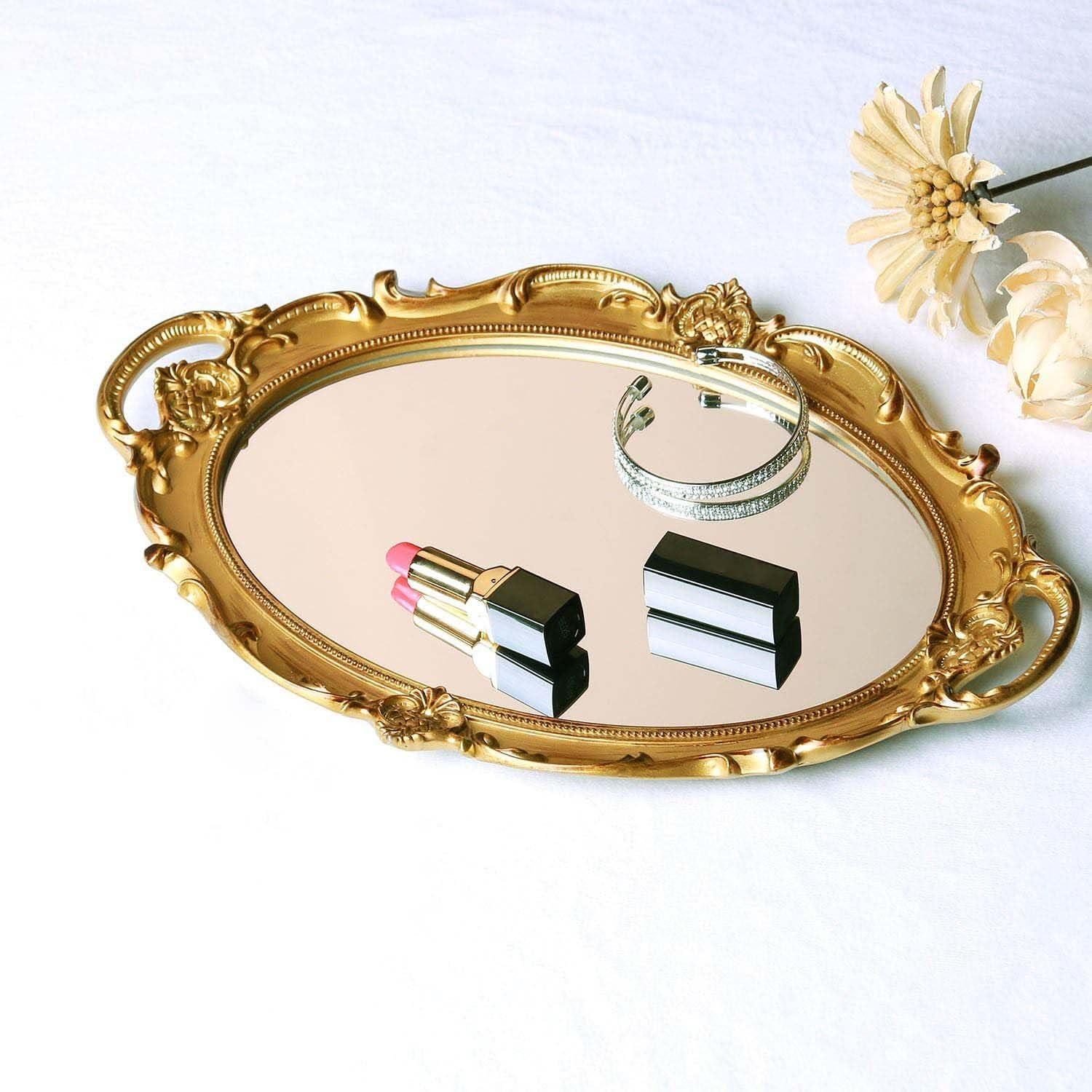 Zosenley Polyresin Ellipse Antique Decorative Mirror Tray, Makeup Organizer, Jewelry Organizer, Serving Tray, 9.8”x 14.6”, Gold