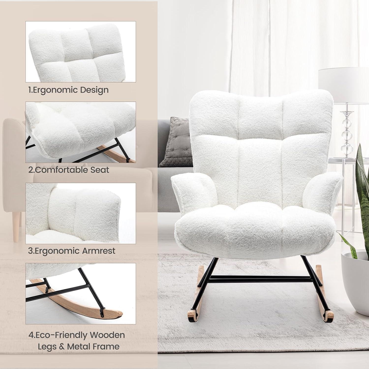 Nursery Rocking Chair Teddy, Upholstered Glider Rocker with High Backrest, Comfortable Stylish Accent Armchair with Padded Seat for Living Rooms, Bedrooms, Offices