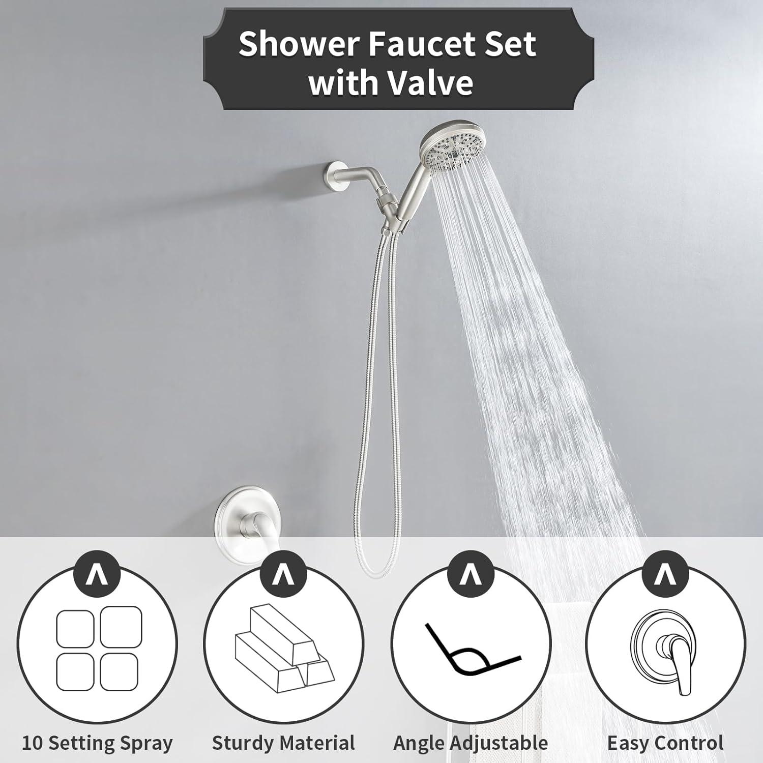 Single-Handle Shower Faucet Set Shower Kit with Valve Shower Trim Kit with 10 Spray Handheld Shower Head System Shower Valve and Trim Kit Brushed Nickel Shower Fixtures