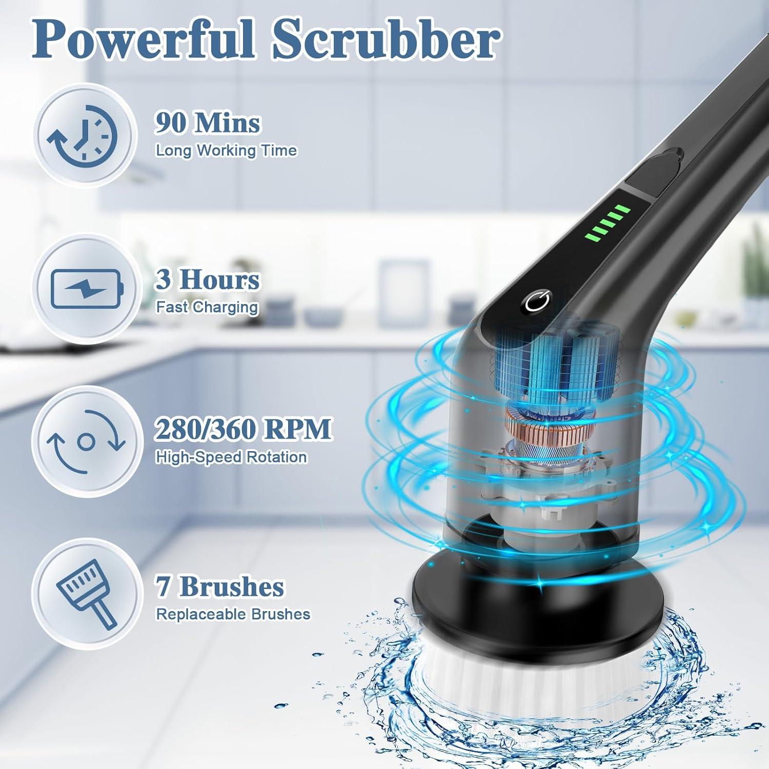 7 Heads Electric Spin Scrubber, New Cordless Cleaning Brush, Adjustable Extension Handle,Power Shower Scrubber for Bathroom,Floor,Shower,Tile and Car Etc, US