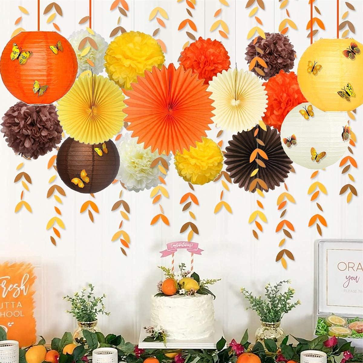 Orange Party Decorations Kit Yellow Orange Brown Paper Hanging Fans Lanterns Flowers Pom Pom with 3D Butterfly Leaves Garland for Wedding Bridal Shower Birthday Fall Autumn Thanksgiving Party Supplies