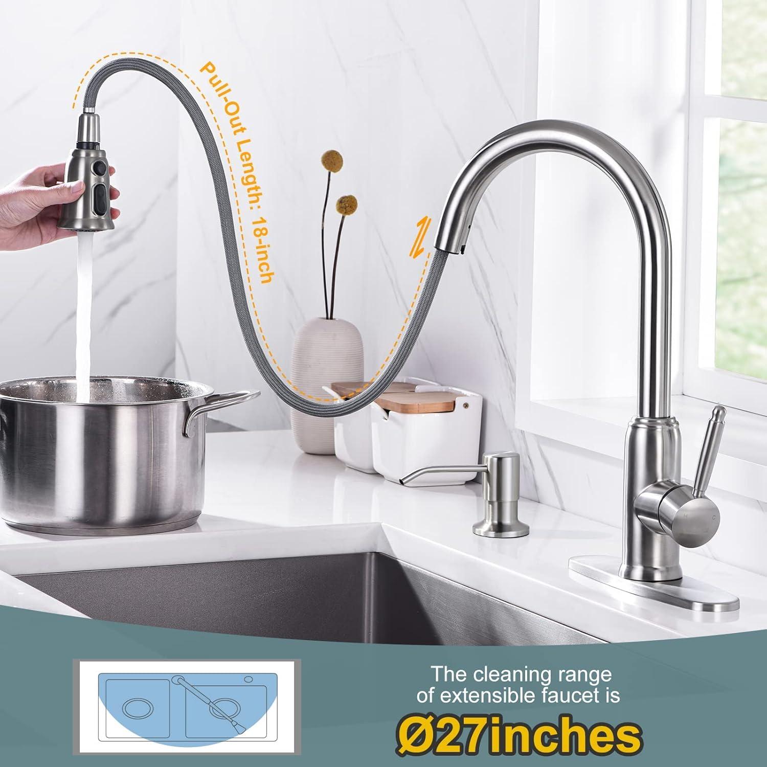 Brushed Nickel High Arc Pull-Down Kitchen Faucet with Soap Dispenser