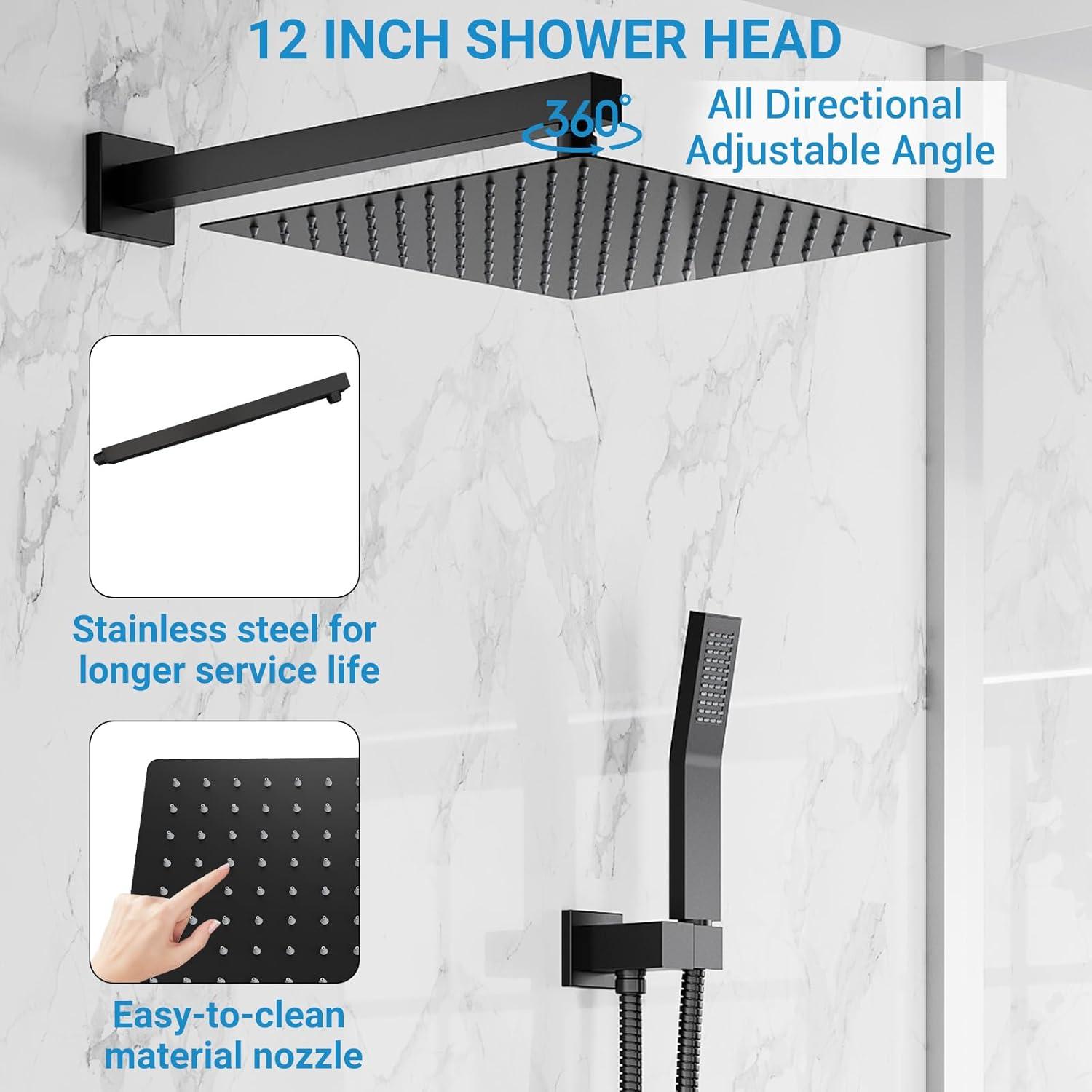 Bathroom Shower Faucet Set, 12 Inch Rainfall Shower Head With Handheld Combo, Wall Mounted Shower System Shower Fixtures With Pressure-Balanced Valve,