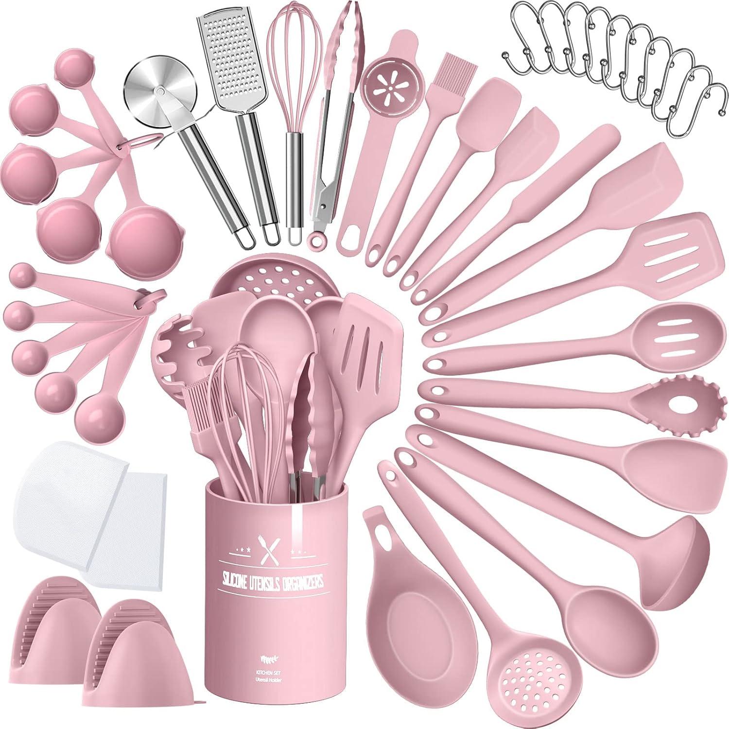 shuoli Silicone Cooking Kitchen Utensil Set, 43 Pcs Pink Cooking Utensils Set, Turner, Tongs, Spoon, Spatula, Kitchen Gadgets Tools Set For Nonstick Cookware, Heat Resistant (Dishwasher, BPA Free)